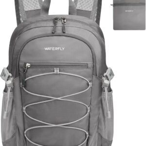 WATERFLY Small Lightweight Packable Backpack: 15L Mini Ultra Light Foldable Travel Daypack with Breathable Shoulder Strap Outdoor Hiking Camping Day Pack for Women Men Gray
