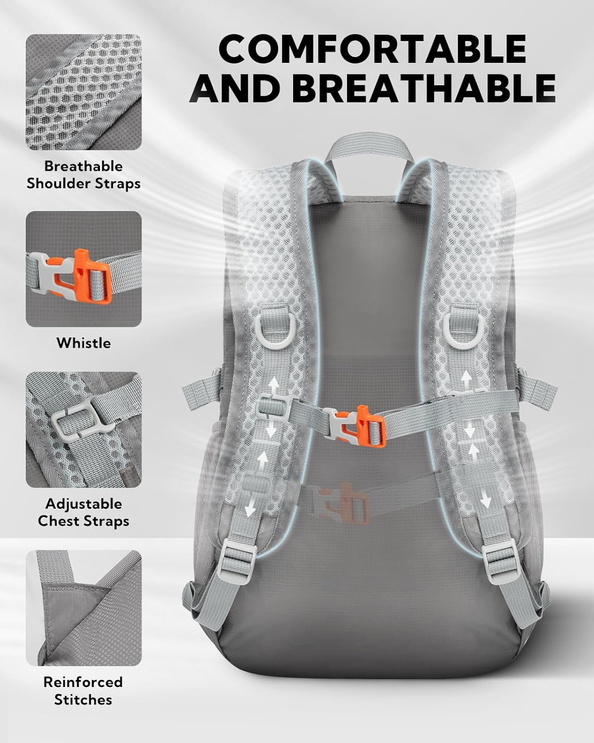 WATERFLY Small Lightweight Packable Backpack: 15L Mini Ultra Light Foldable Travel Daypack with Breathable Shoulder Strap Outdoor Hiking Camping Day Pack for Women Men Gray - Image 3