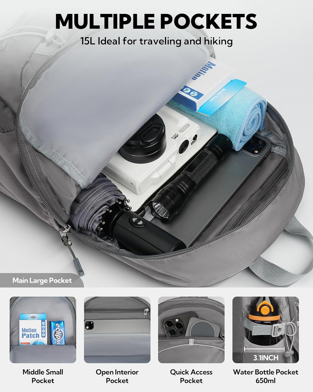 WATERFLY Small Lightweight Packable Backpack: 15L Mini Ultra Light Foldable Travel Daypack with Breathable Shoulder Strap Outdoor Hiking Camping Day Pack for Women Men Gray - Image 4