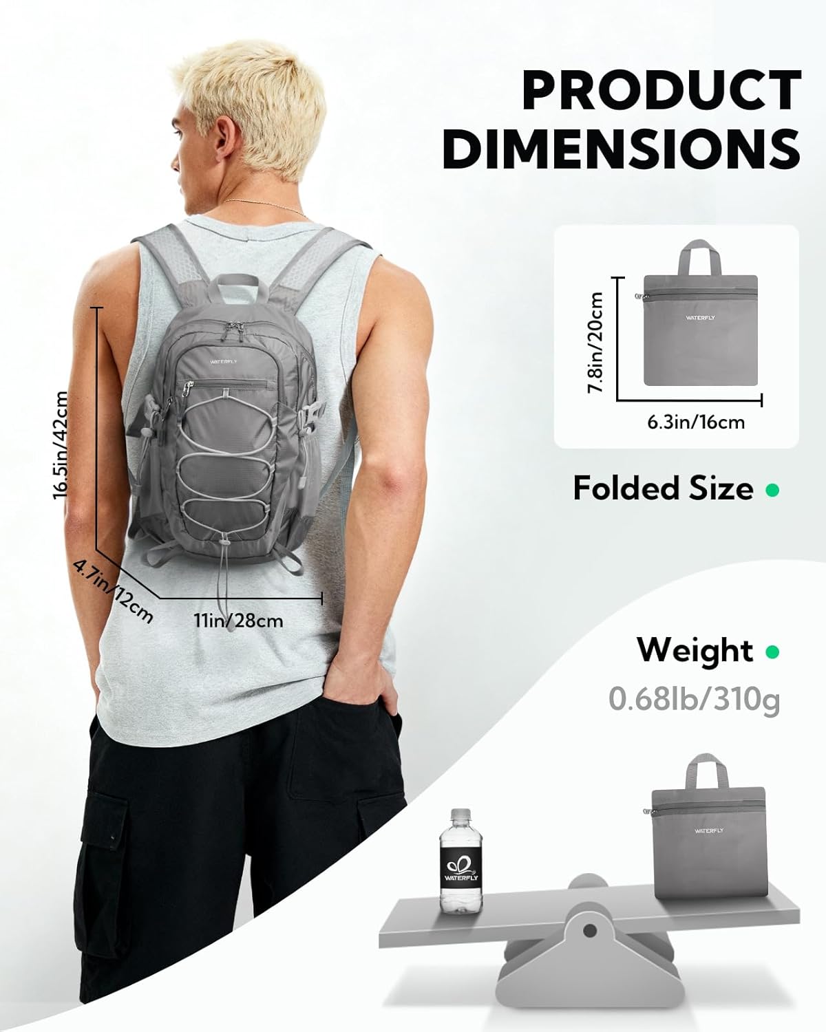 WATERFLY Small Lightweight Packable Backpack: 15L Mini Ultra Light Foldable Travel Daypack with Breathable Shoulder Strap Outdoor Hiking Camping Day Pack for Women Men Gray - Image 5
