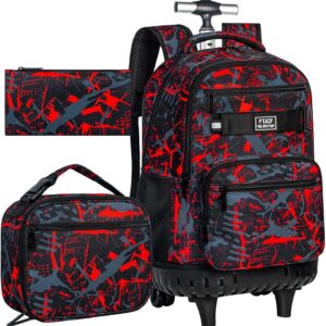 3Pcs Rolling Backpack for Boys, 19 Inche Adults Roller Bag with Wheels, Graffiti Wheeled Bookbag Set for Men(Red)
