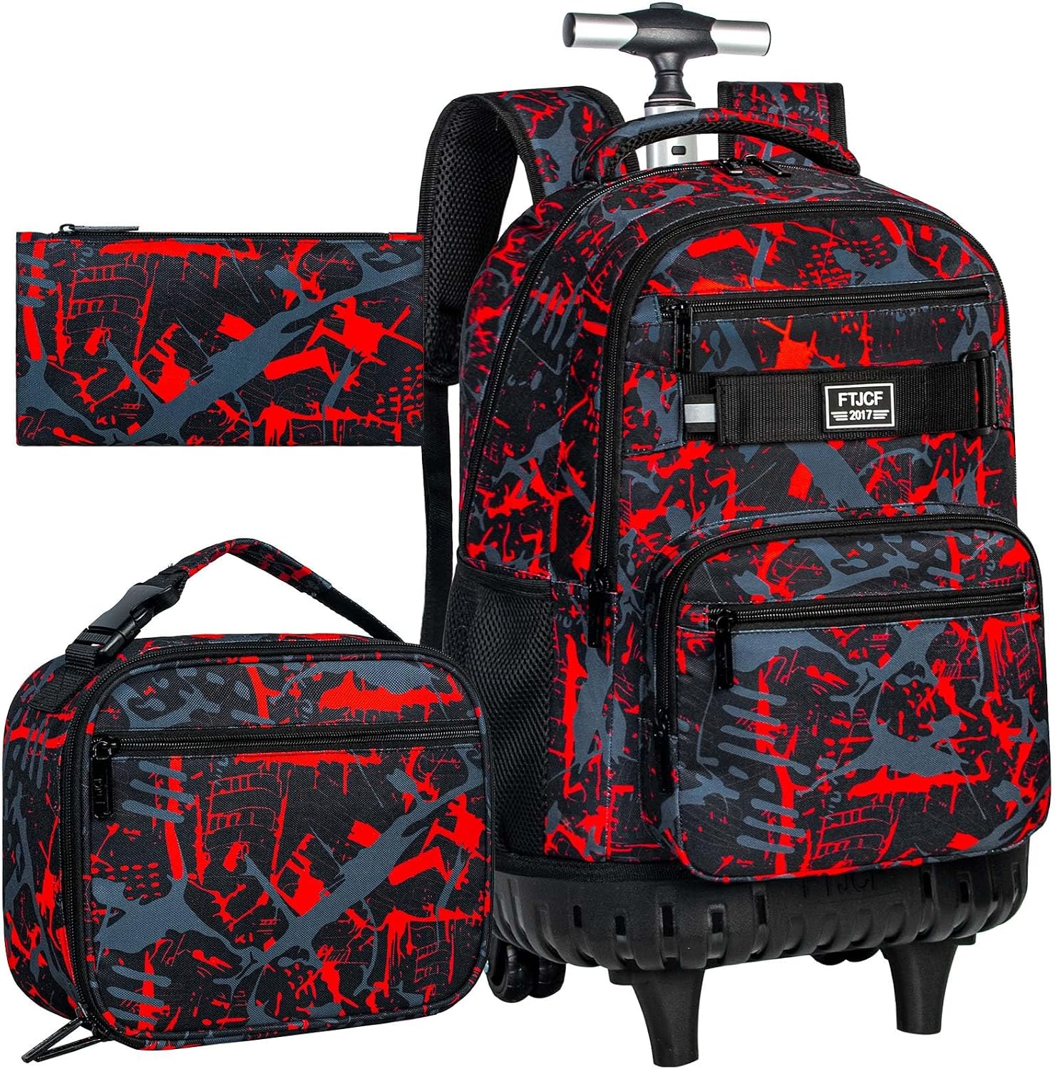 3Pcs Rolling Backpack for Boys, 19 Inche Adults Roller Bag with Wheels, Graffiti Wheeled Bookbag Set for Men(Red)