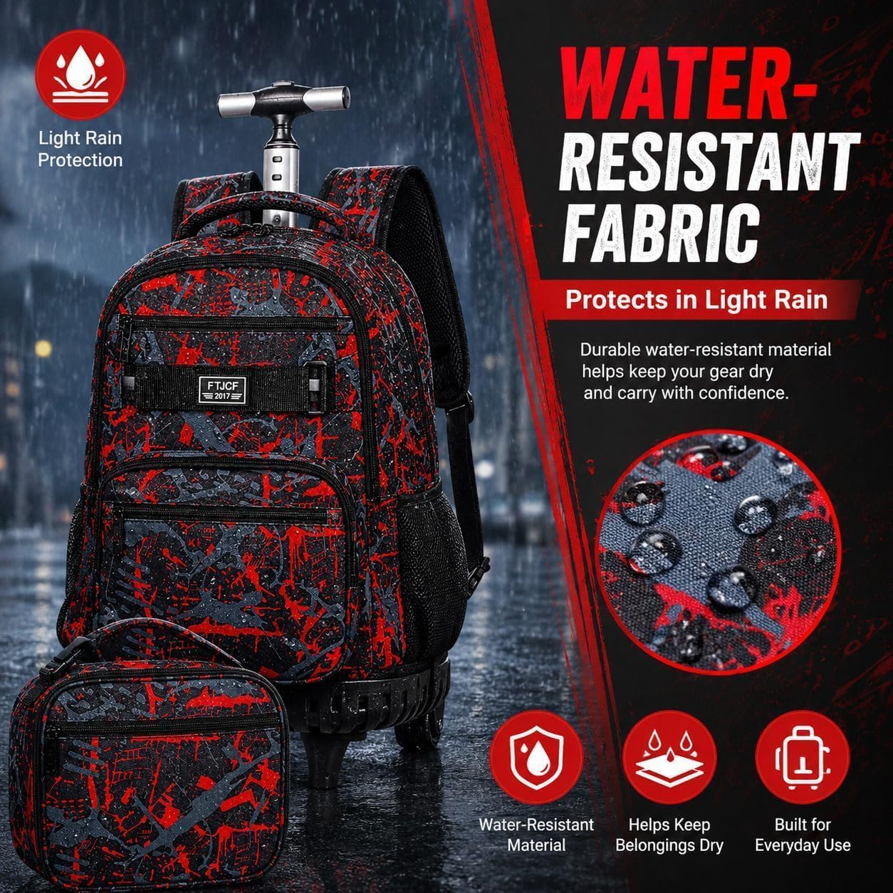3Pcs Rolling Backpack for Boys, 19 Inche Adults Roller Bag with Wheels, Graffiti Wheeled Bookbag Set for Men(Red) - Image 3