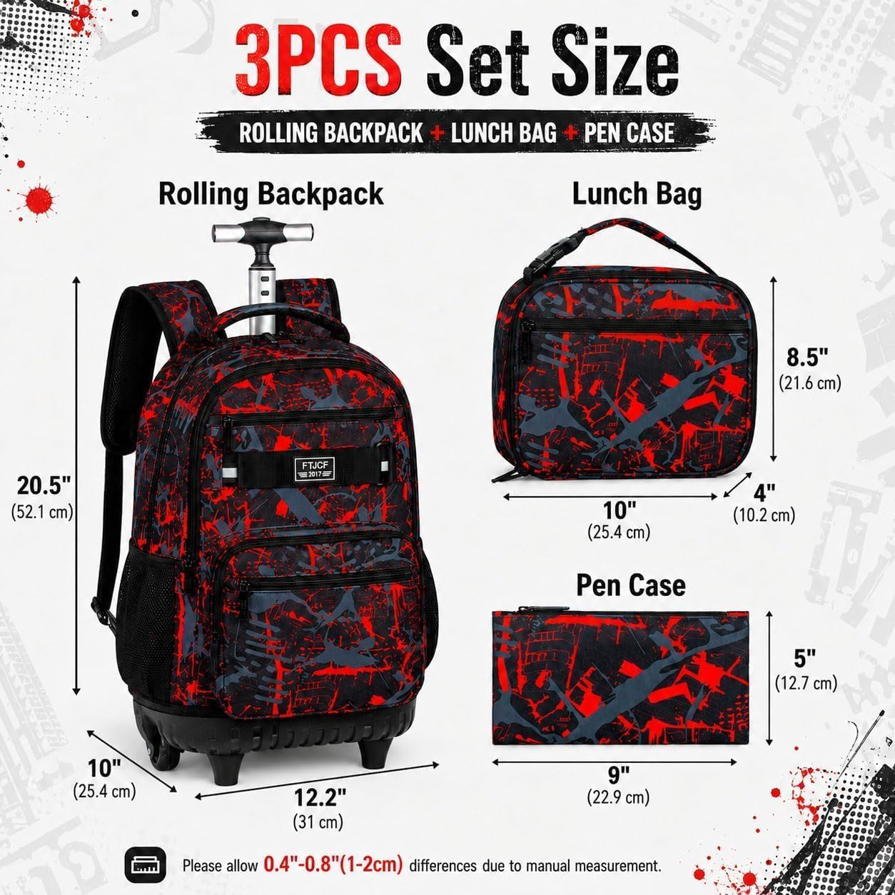 3Pcs Rolling Backpack for Boys, 19 Inche Adults Roller Bag with Wheels, Graffiti Wheeled Bookbag Set for Men(Red) - Image 4