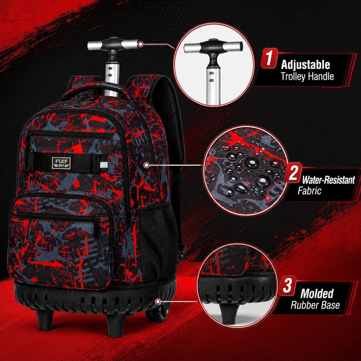 3Pcs Rolling Backpack for Boys, 19 Inche Adults Roller Bag with Wheels, Graffiti Wheeled Bookbag Set for Men(Red) - Image 5