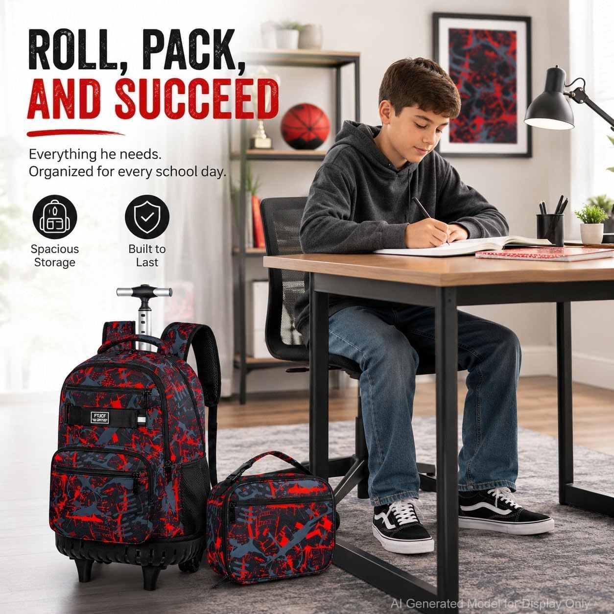 3Pcs Rolling Backpack for Boys, 19 Inche Adults Roller Bag with Wheels, Graffiti Wheeled Bookbag Set for Men(Red) - Image 6
