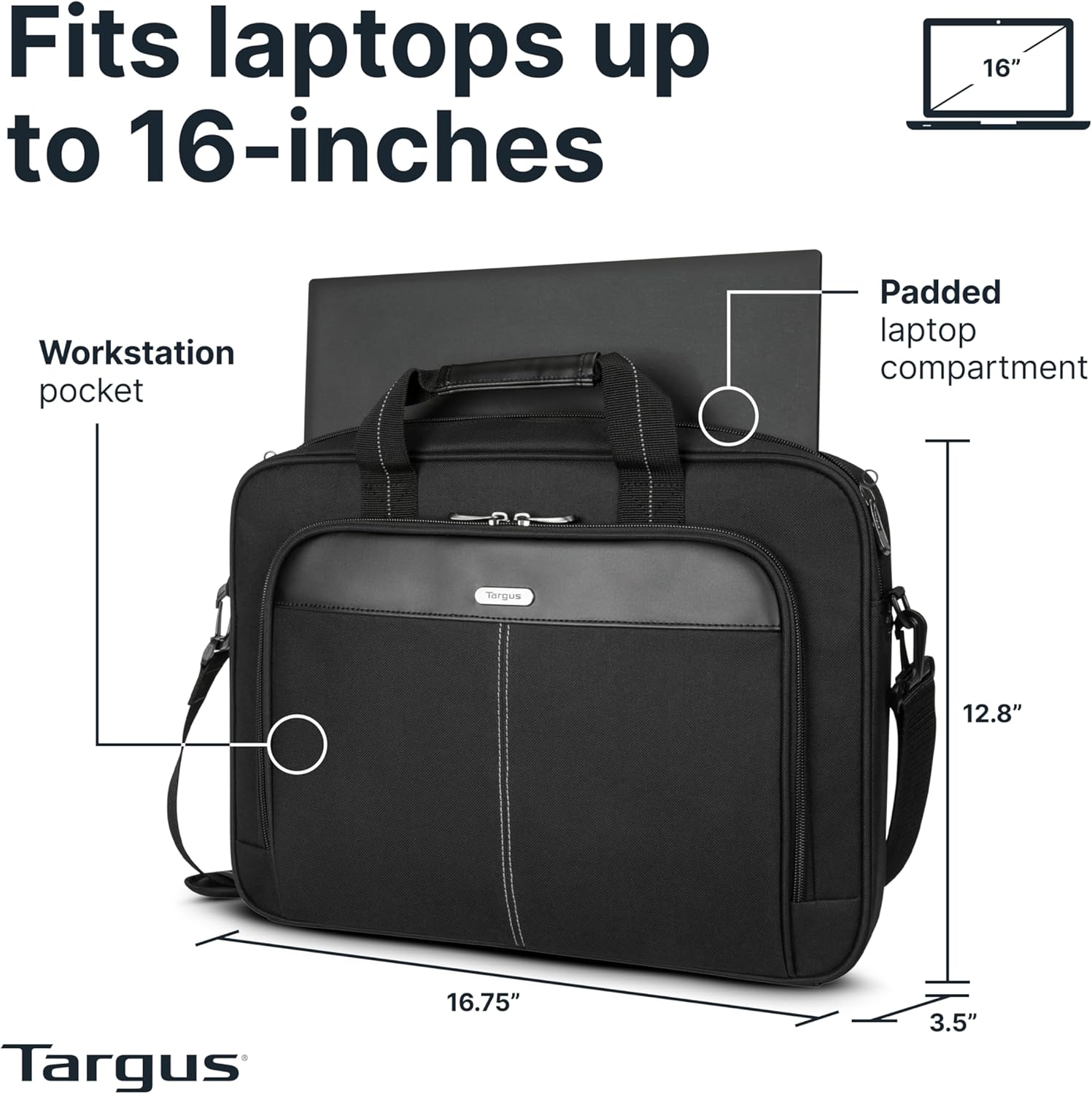 Targus 15-16 Inch Slim Lightweight Laptop Briefcase, Black - Messenger and Shoulder Bag with Padded Compartment and Trolley Strap for 16" Laptops (TCT027US) - Image 4